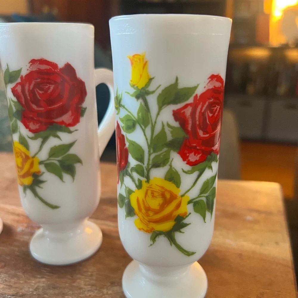 AVON Milk Glass Dutch Vintage Demitasse Espresso Mugs with Red & Yellow Roses